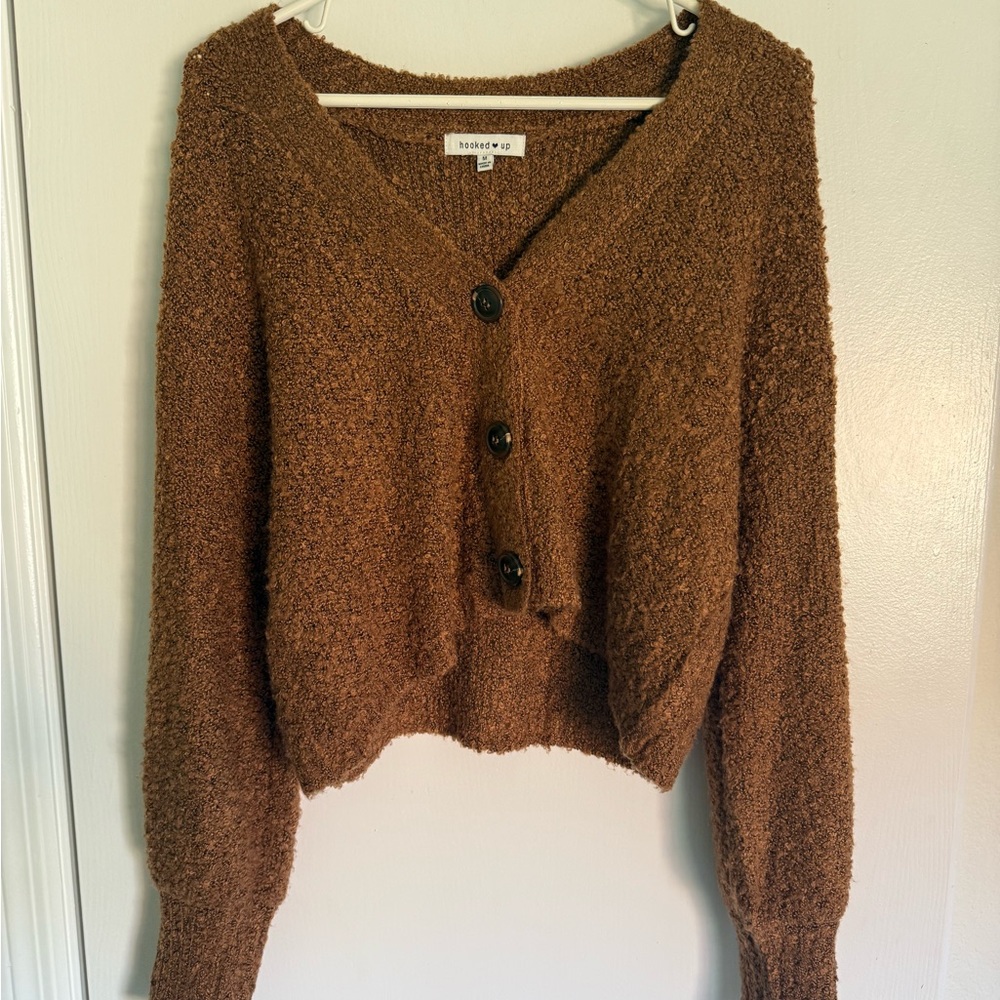 Hooked Up Cozy Brown Button-Up cropped Cardigan
